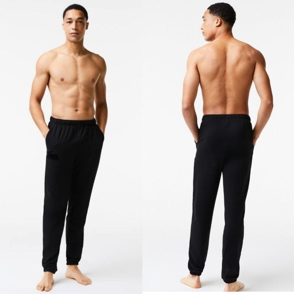 New Lacoste Men's Cotton Fleece Lounge Black Joggers Sweatpants NWT Large